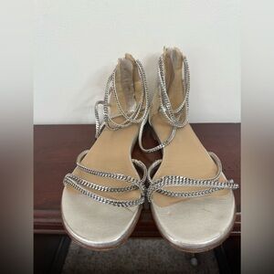Stuart Weitzman “Chaindown” Metallic Silver Sandals with chain strap size 9